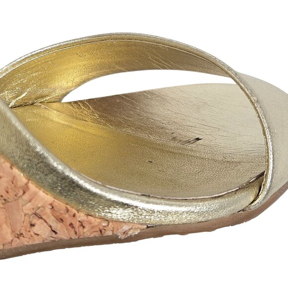 Gucci Women’s Gold Wedge Sandals 8.5 B Cork Heel Minimalist Resort Chic Boho - Picture 10 of 16